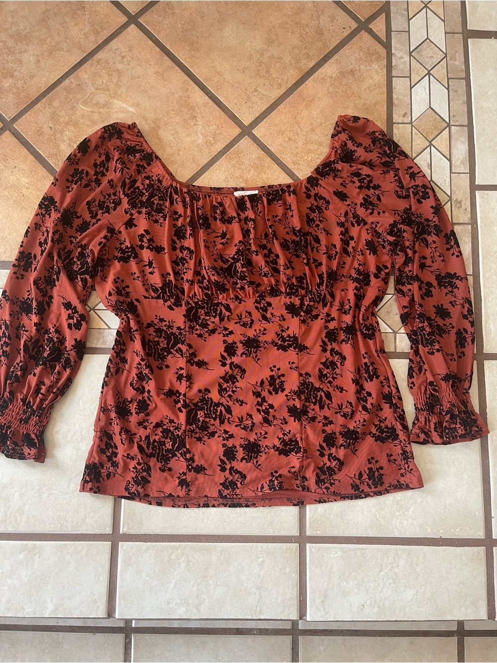 Siren Lily Rust Red Blouse with Black Floral Burnout